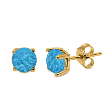 Round Solitaire Stud Earrings Yellow Tone, Lab Created Blue Opal 925 Sterling Silver 7mm